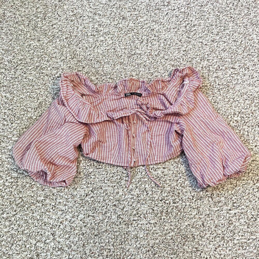 Zara Womens Striped Shirt Top Size L Button Ruffle Puff Sleeve Cropped Romantic